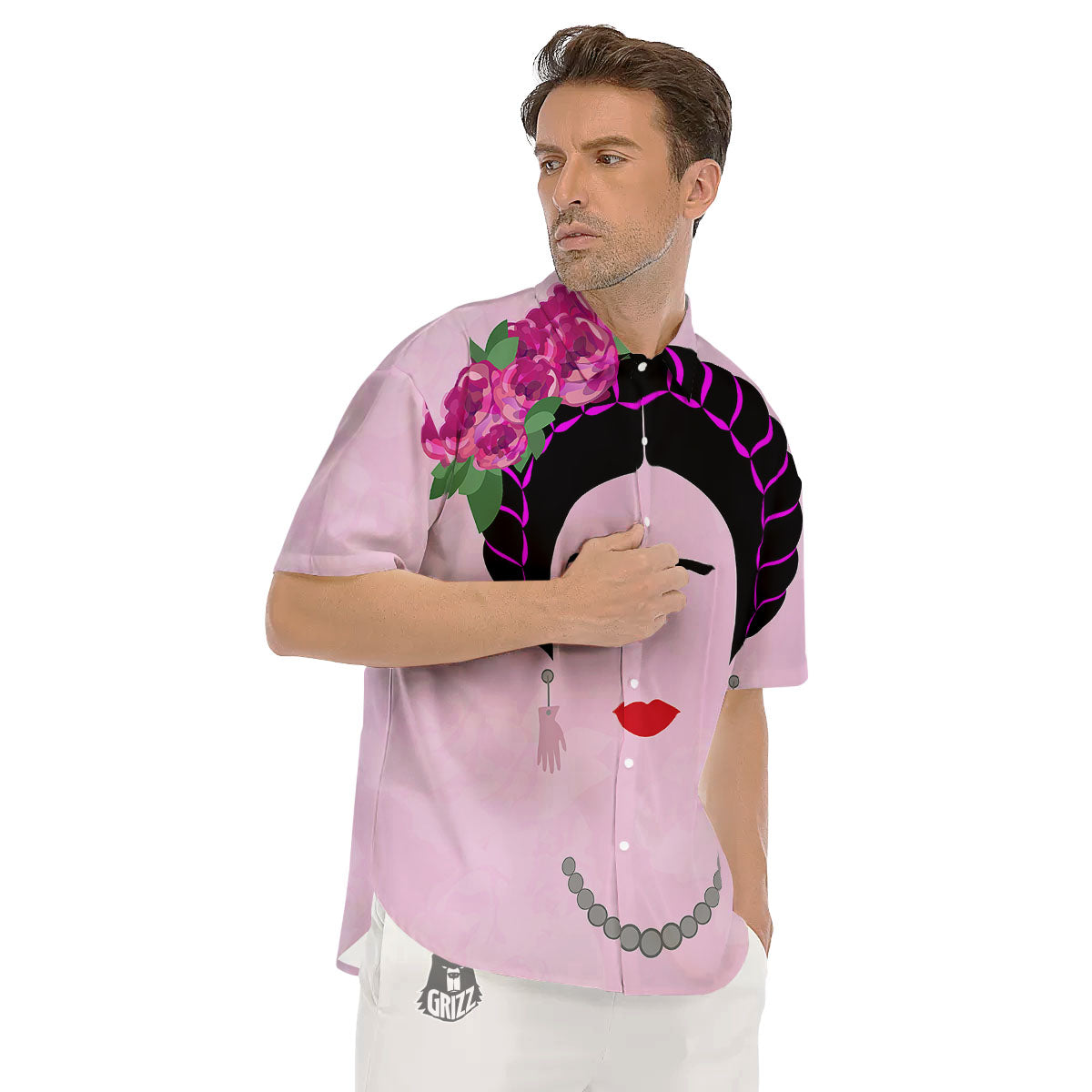 Pink Flower And Frida Kahlo Print Men's Short Sleeve Shirts-grizzshop
