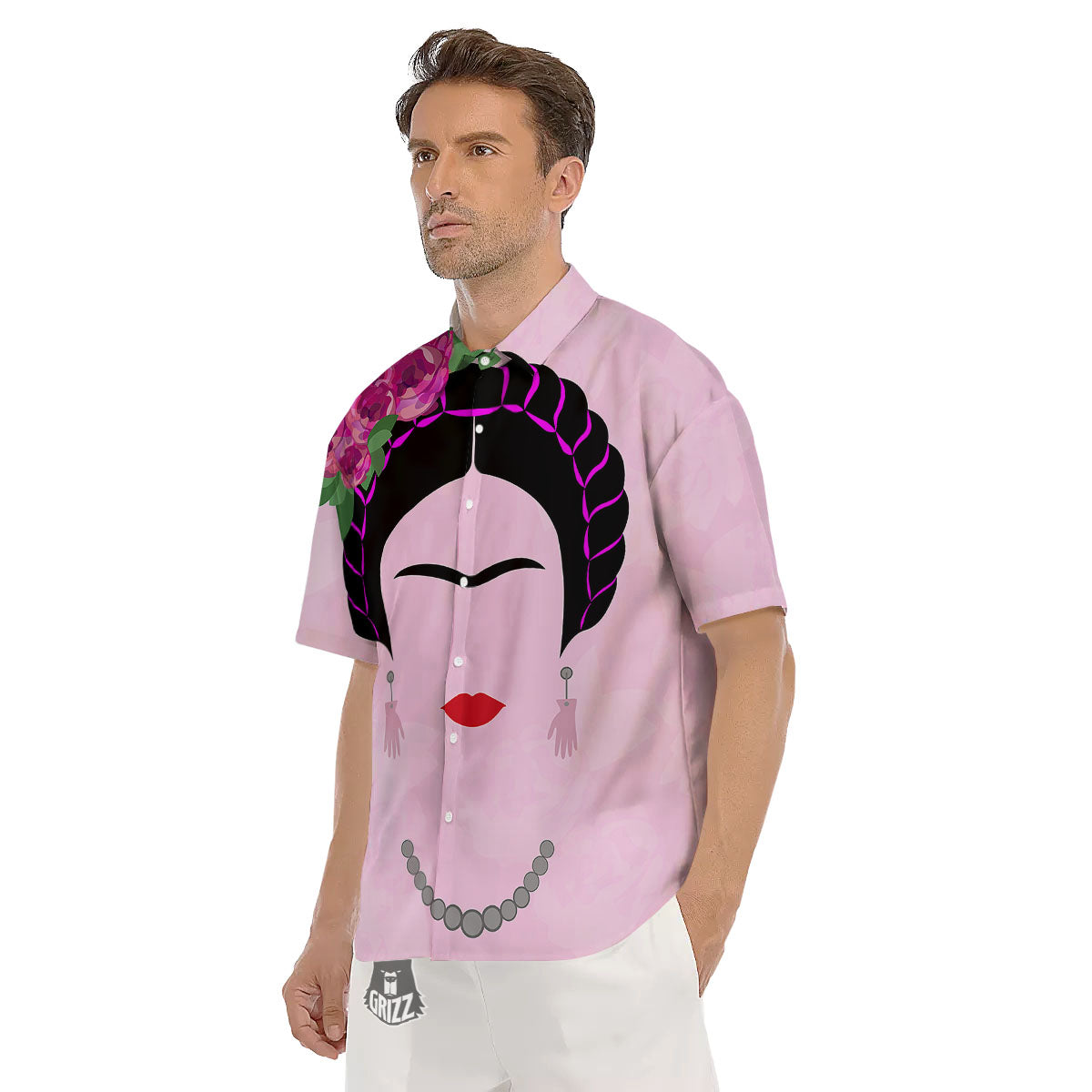 Pink Flower And Frida Kahlo Print Men's Short Sleeve Shirts-grizzshop