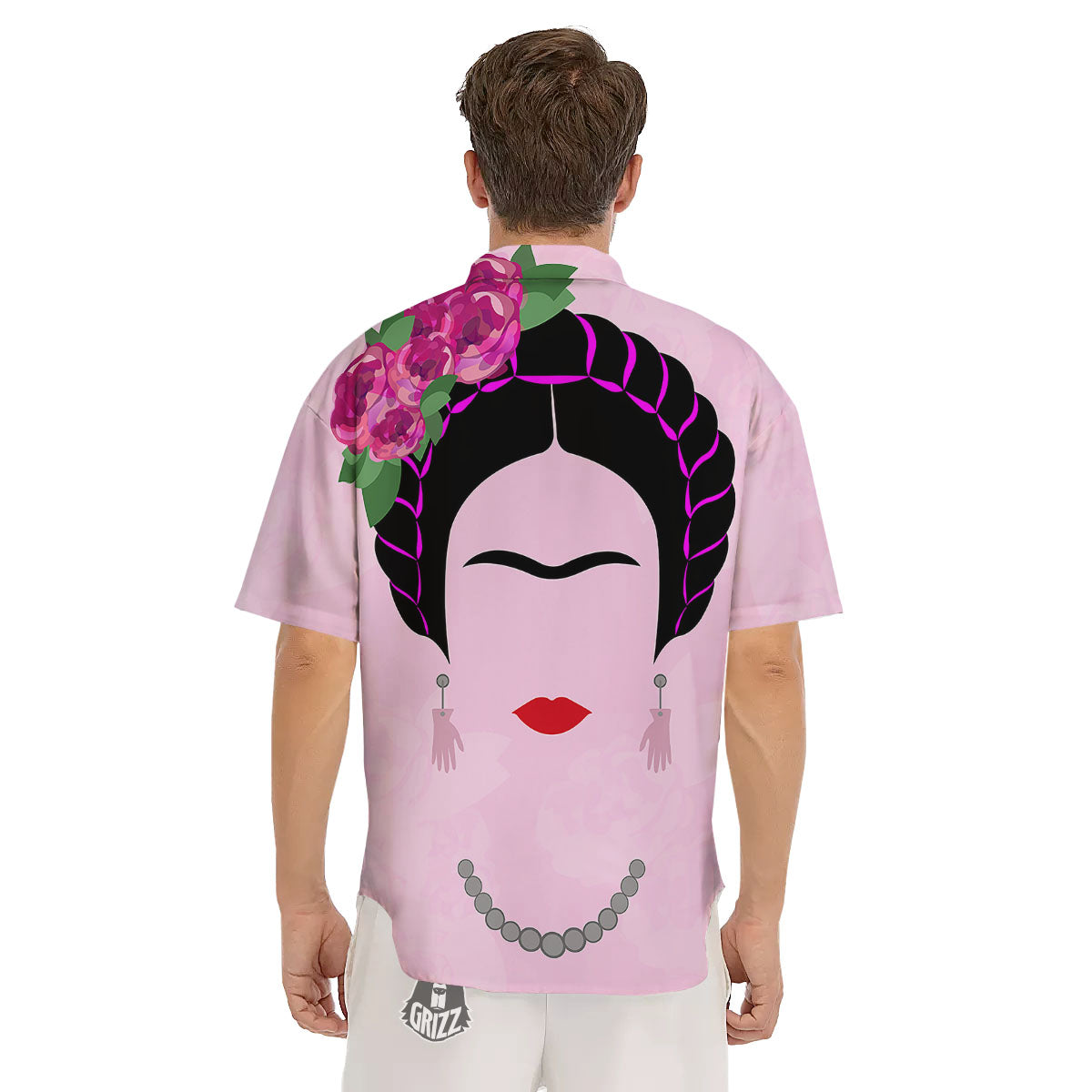 Pink Flower And Frida Kahlo Print Men's Short Sleeve Shirts-grizzshop