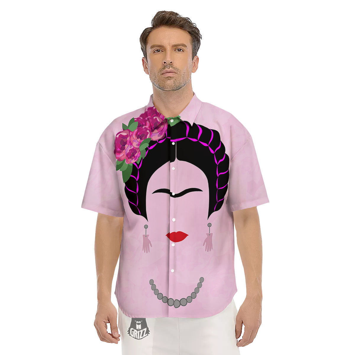 Pink Flower And Frida Kahlo Print Men's Short Sleeve Shirts-grizzshop