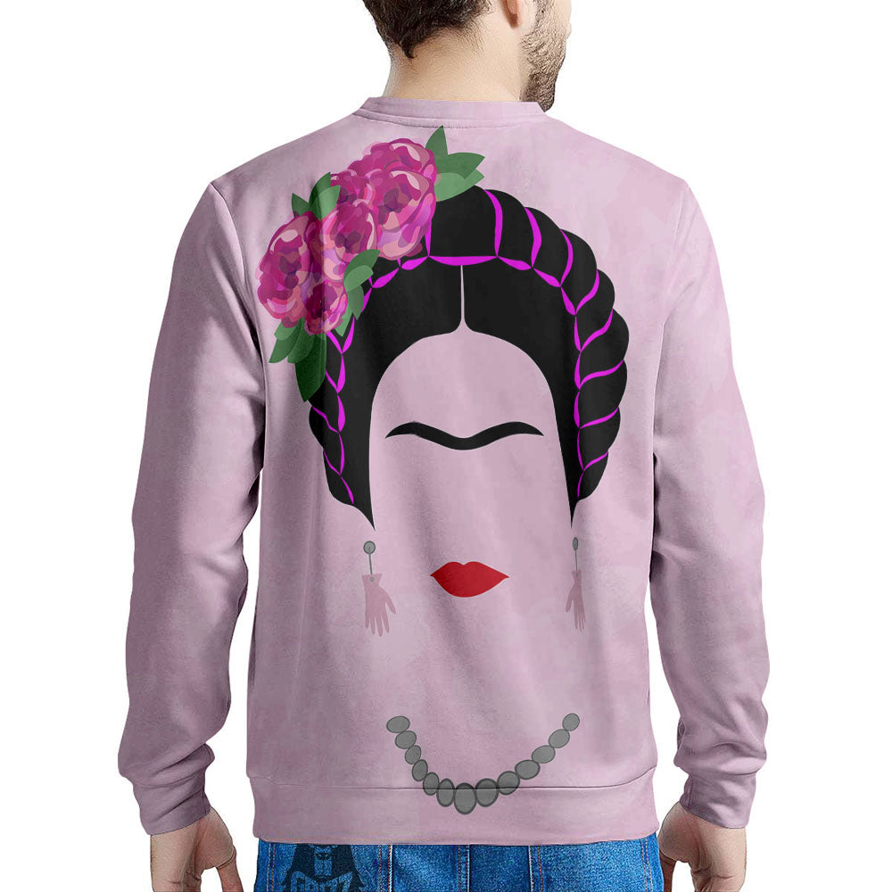 Pink Flower And Frida Kahlo Print Men's Sweatshirt-grizzshop