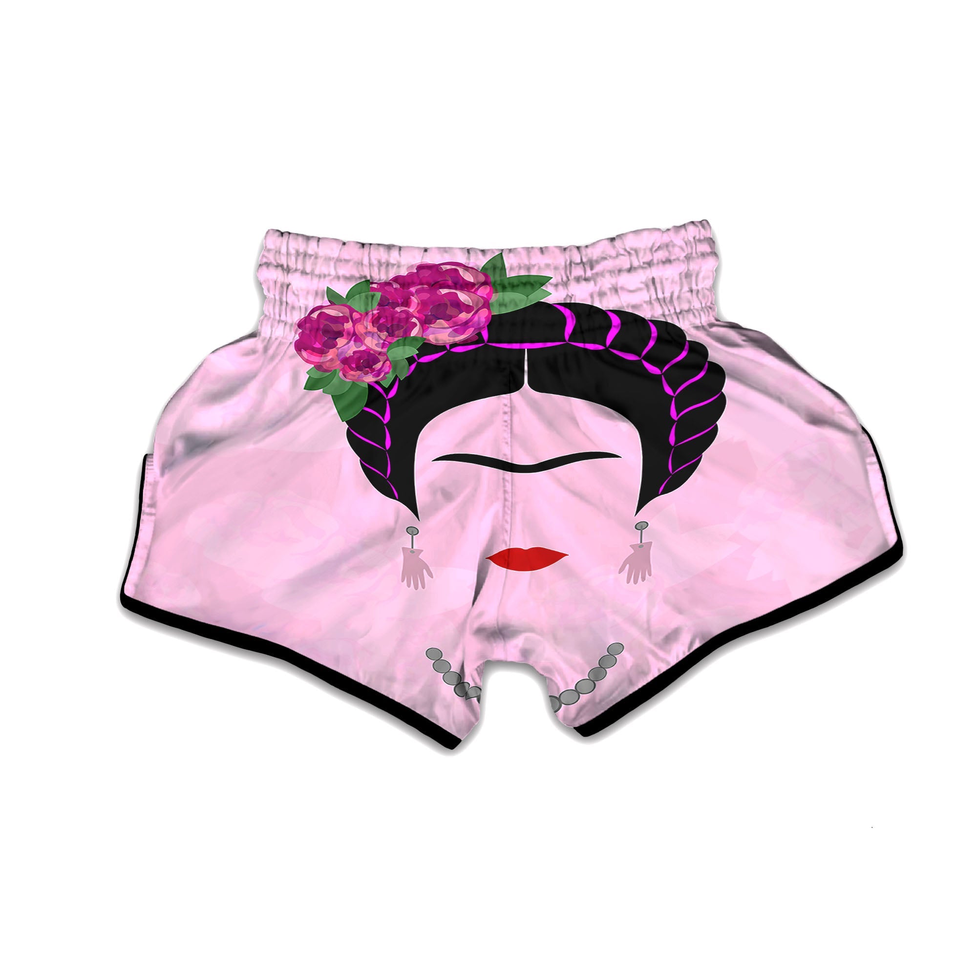 Pink Flower And Frida Kahlo Print Muay Thai Boxing Shorts-grizzshop