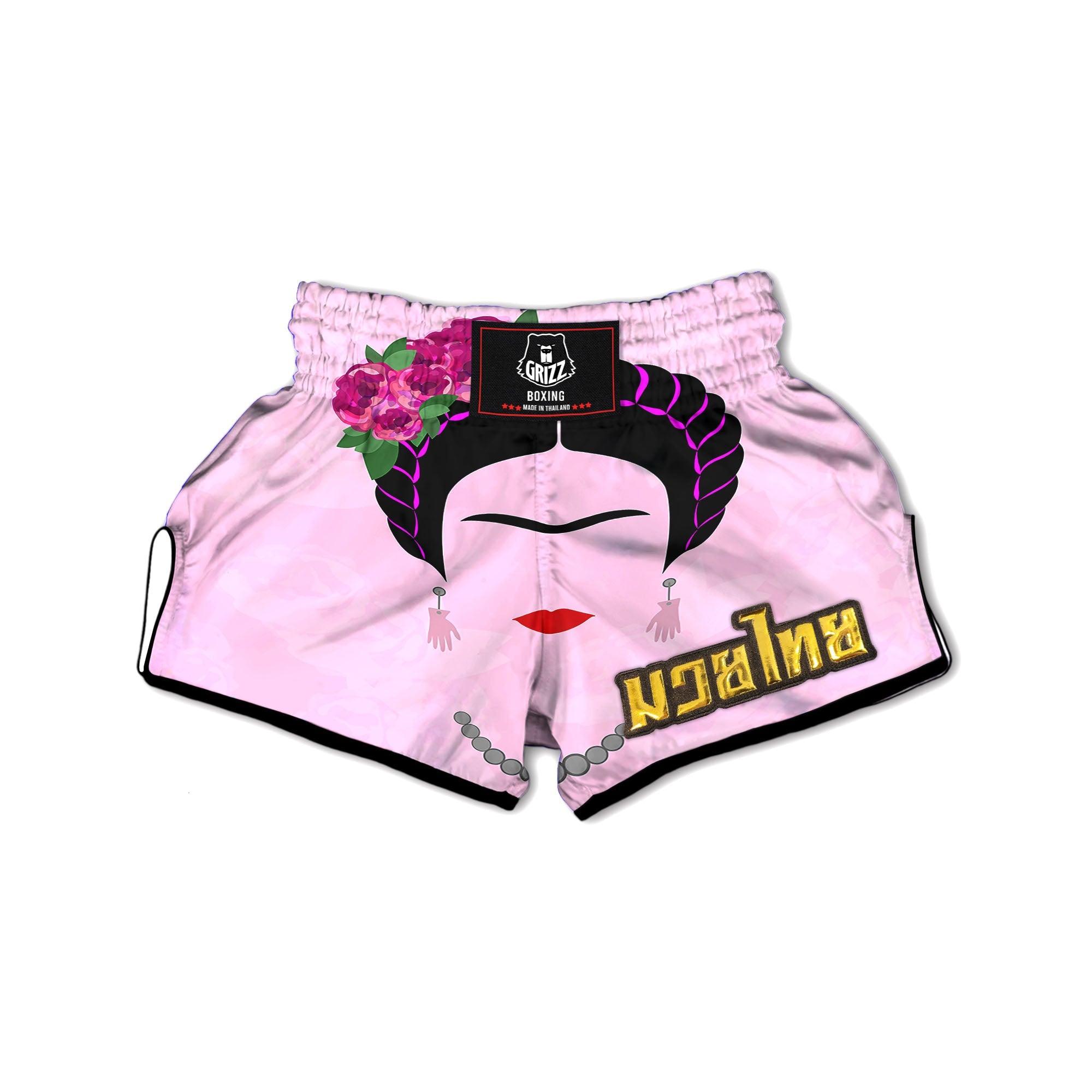 Pink Flower And Frida Kahlo Print Muay Thai Boxing Shorts-grizzshop
