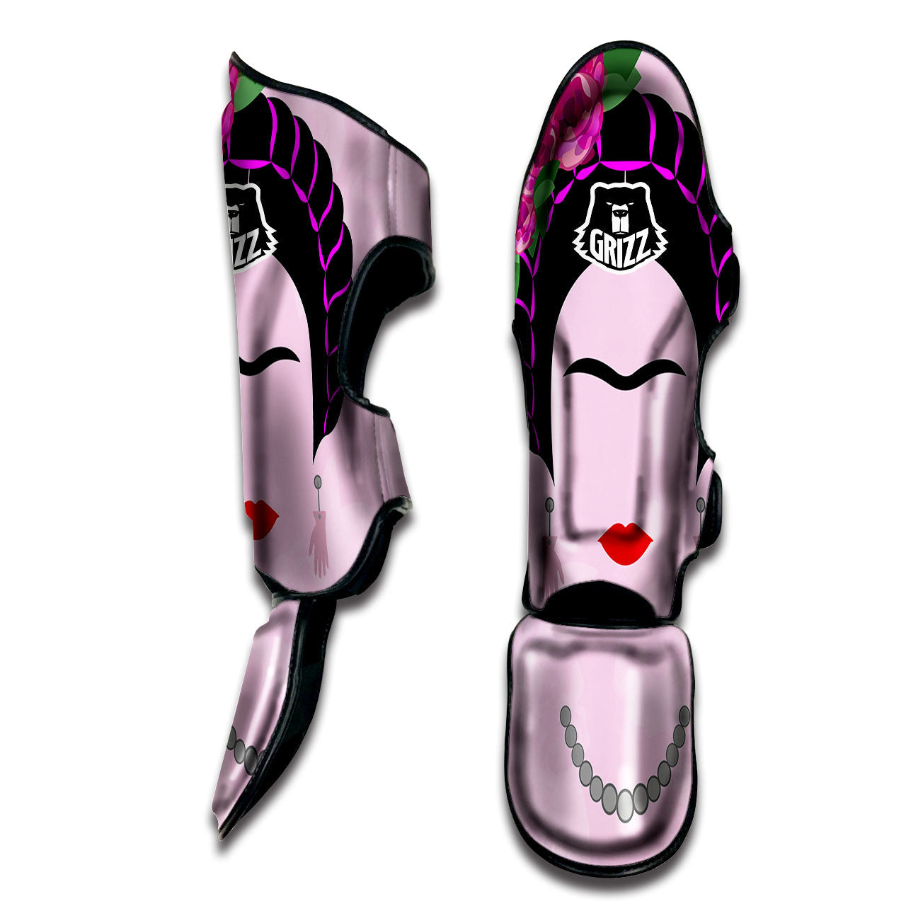 Pink Flower And Frida Kahlo Print Muay Thai Shin Guards-grizzshop