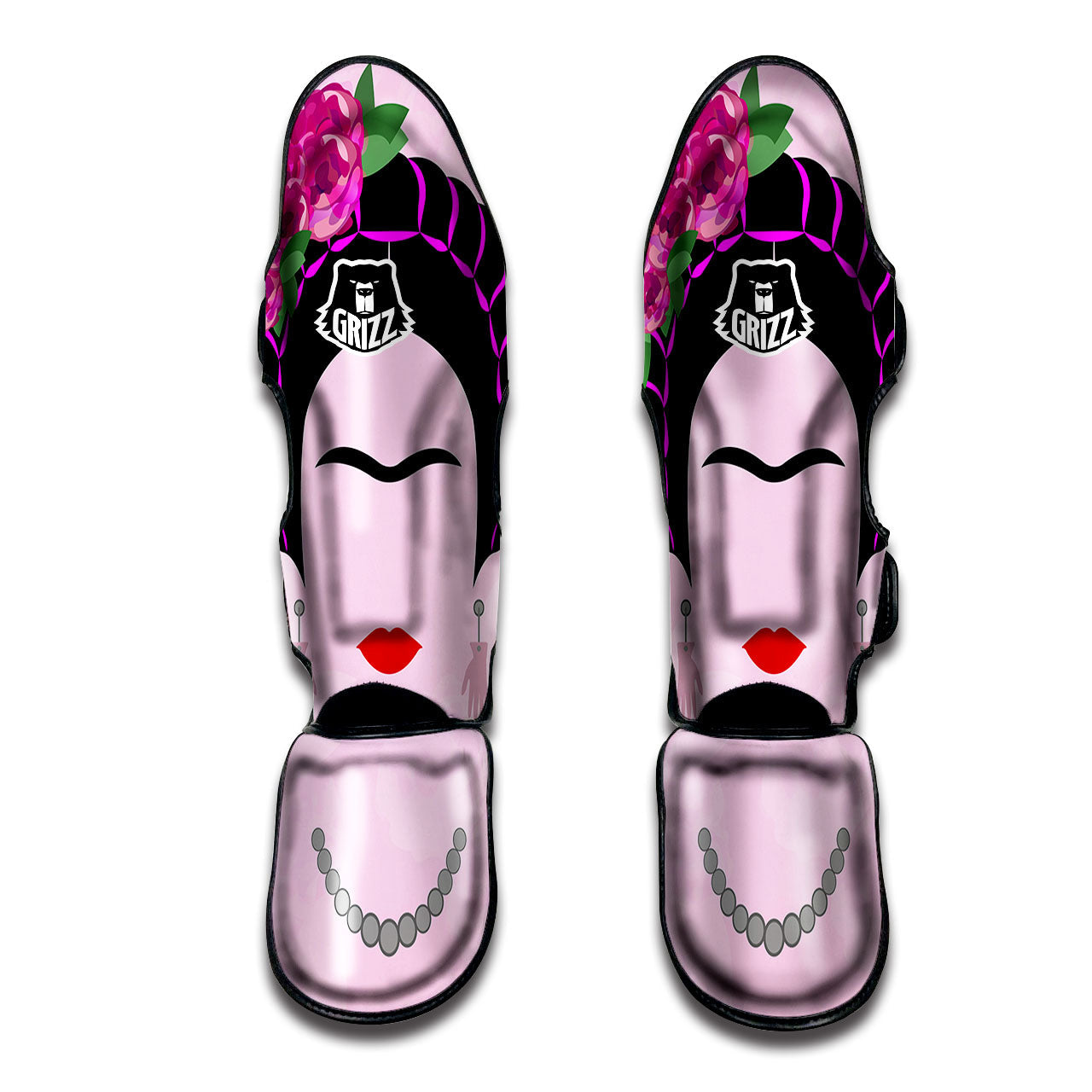 Pink Flower And Frida Kahlo Print Muay Thai Shin Guards-grizzshop