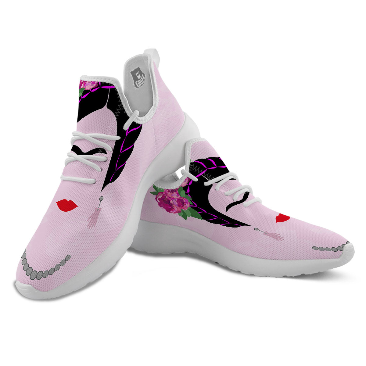 Pink Flower And Frida Kahlo Print White Athletic Shoes-grizzshop