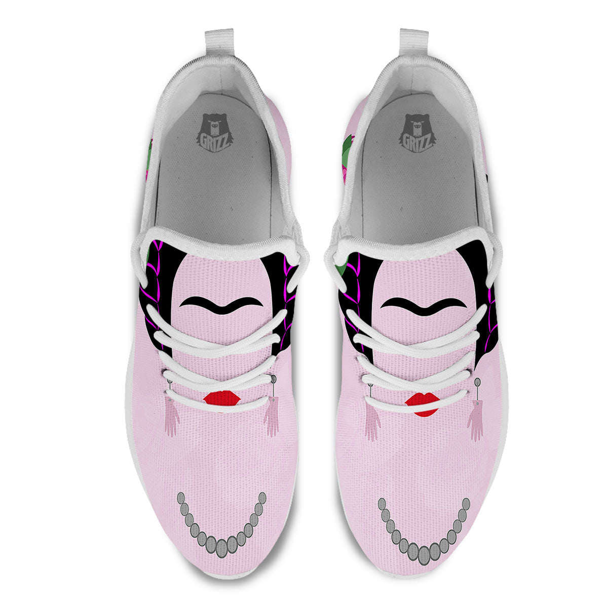 Pink Flower And Frida Kahlo Print White Athletic Shoes-grizzshop