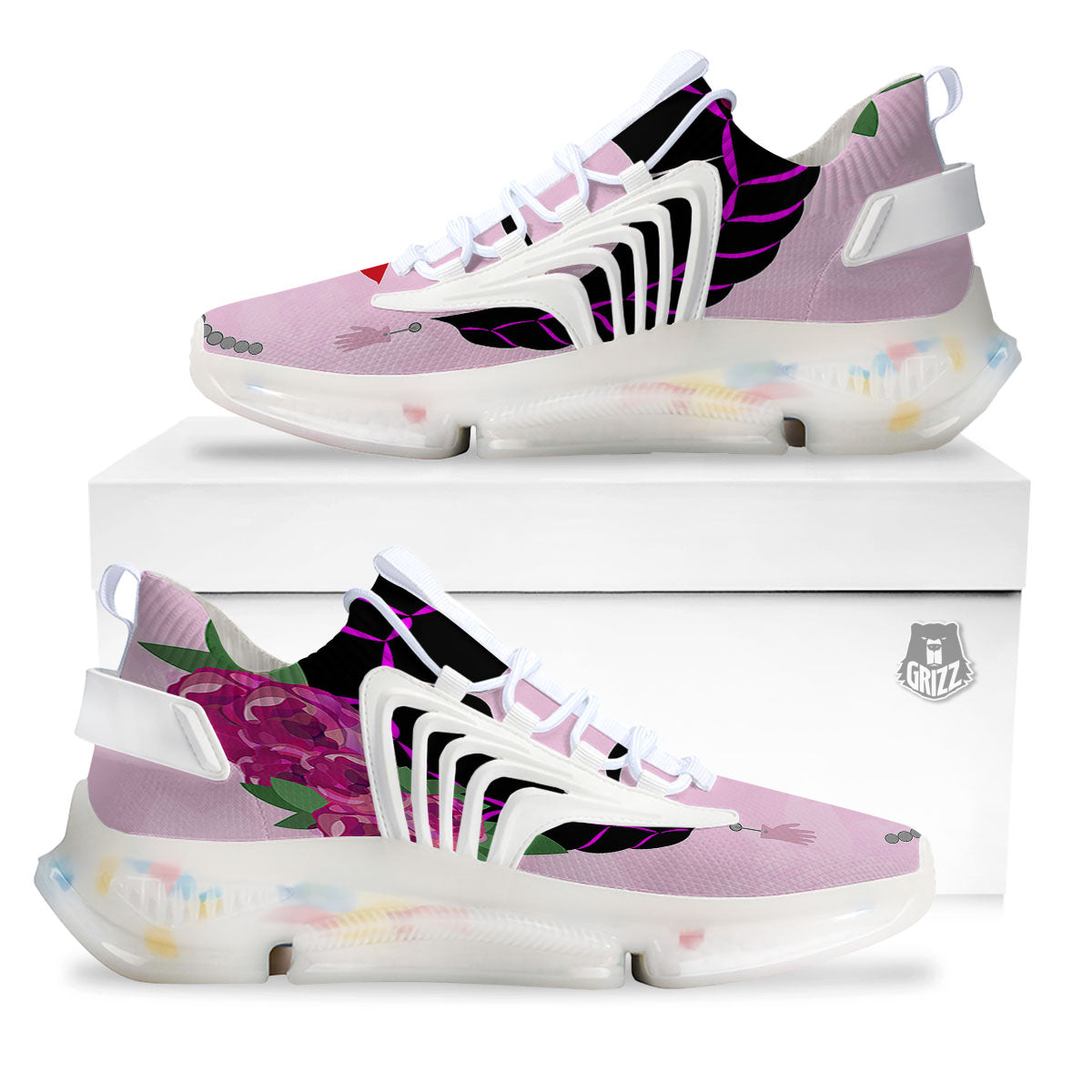 Pink Flower And Frida Kahlo Print White Gym Shoes-grizzshop