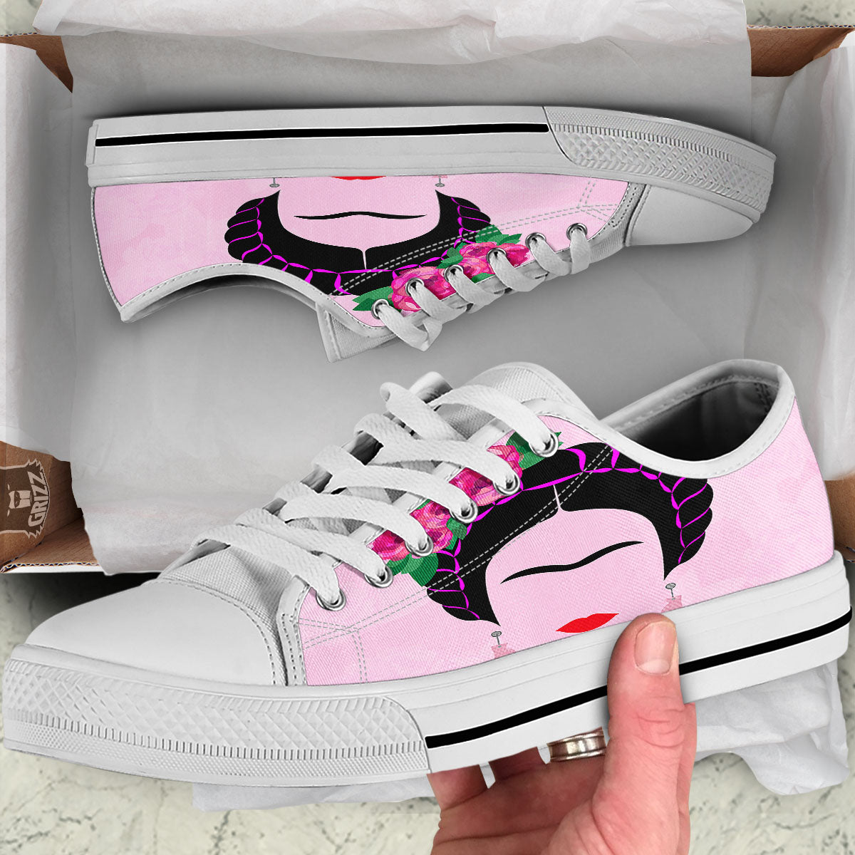 Pink Flower And Frida Kahlo Print White Low Top Shoes-grizzshop