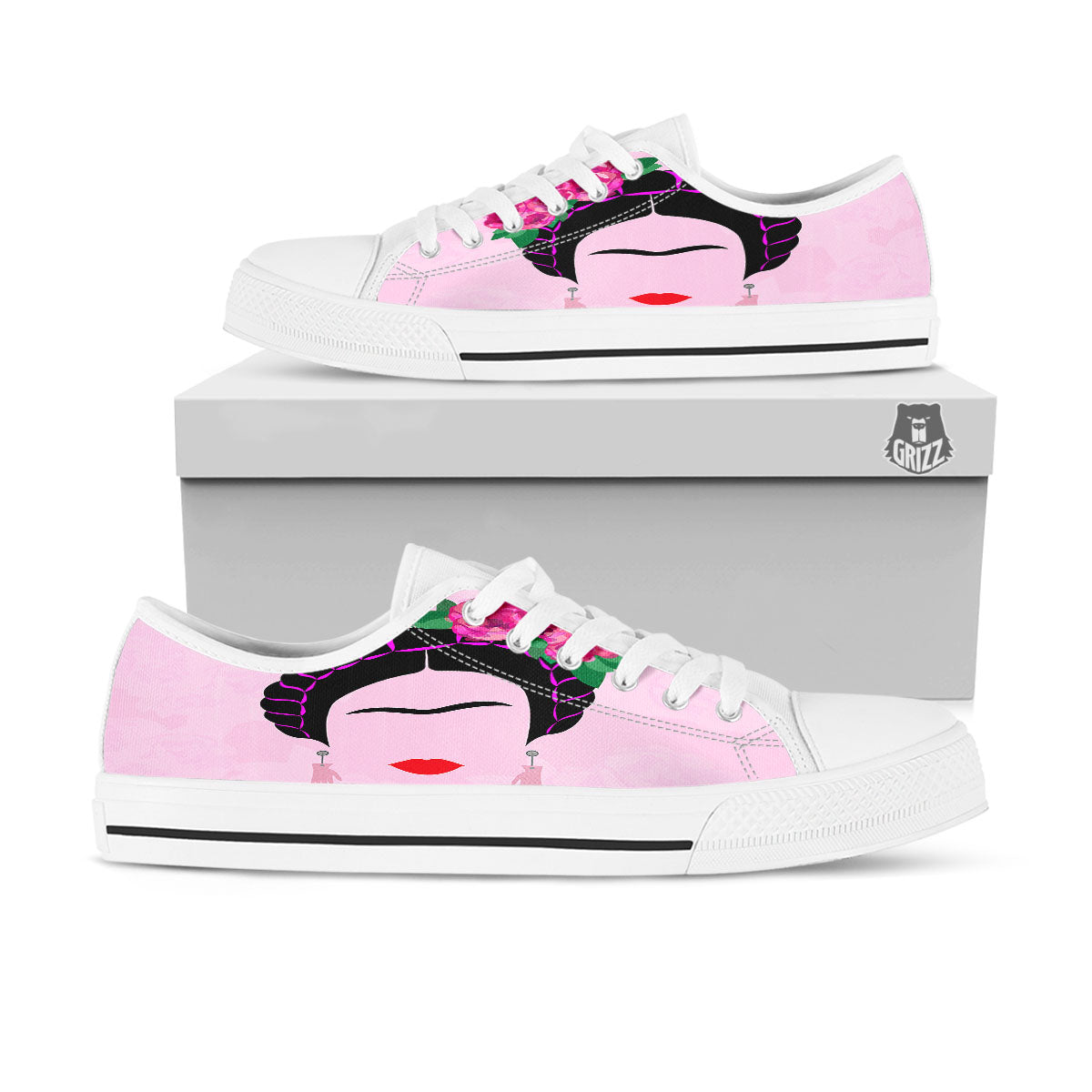Pink Flower And Frida Kahlo Print White Low Top Shoes-grizzshop