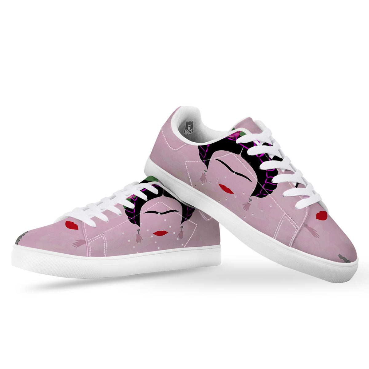 Pink Flower And Frida Kahlo Print White Low Top Sneakers-grizzshop