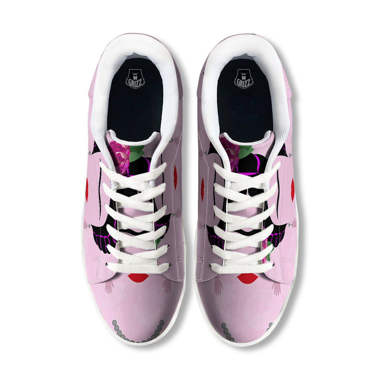 Pink Flower And Frida Kahlo Print White Low Top Sneakers-grizzshop