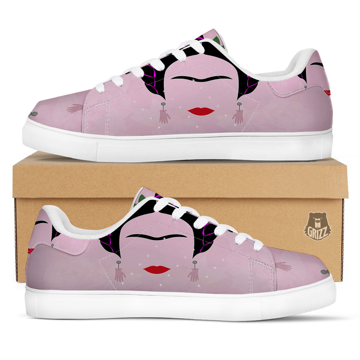 Pink Flower And Frida Kahlo Print White Low Top Sneakers-grizzshop