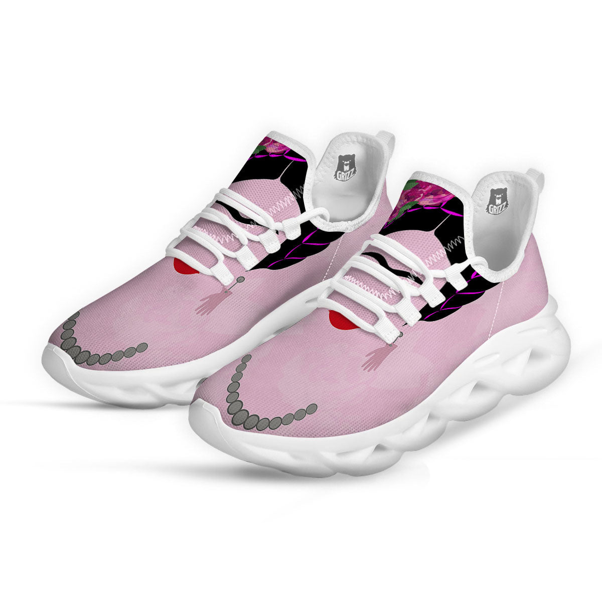 Pink Flower And Frida Kahlo Print White Running Shoes-grizzshop
