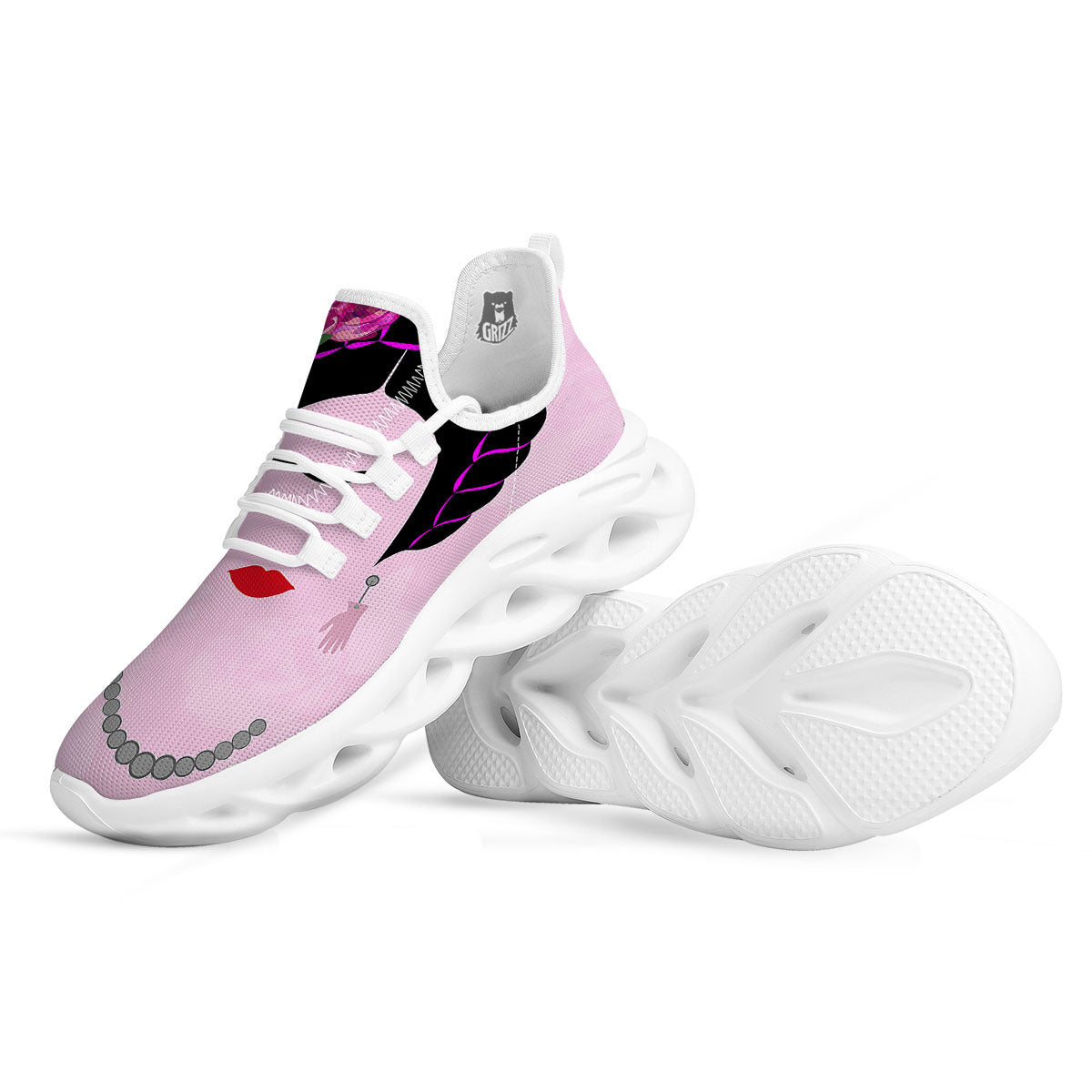 Pink Flower And Frida Kahlo Print White Running Shoes-grizzshop