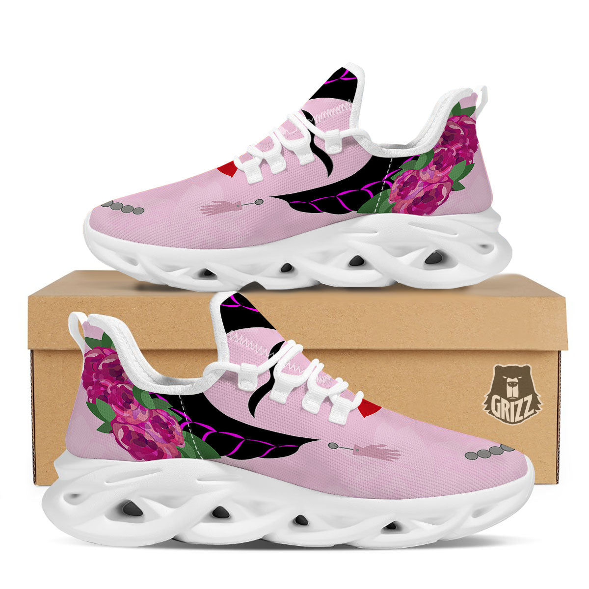 Pink Flower And Frida Kahlo Print White Running Shoes-grizzshop