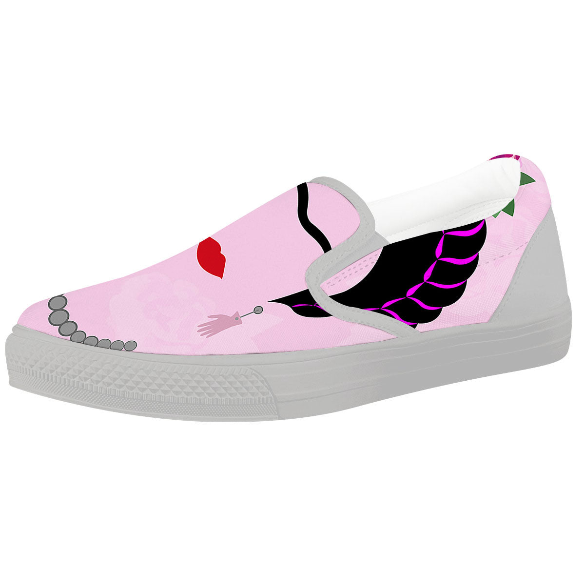 Pink Flower And Frida Kahlo Print White Slip On Shoes-grizzshop