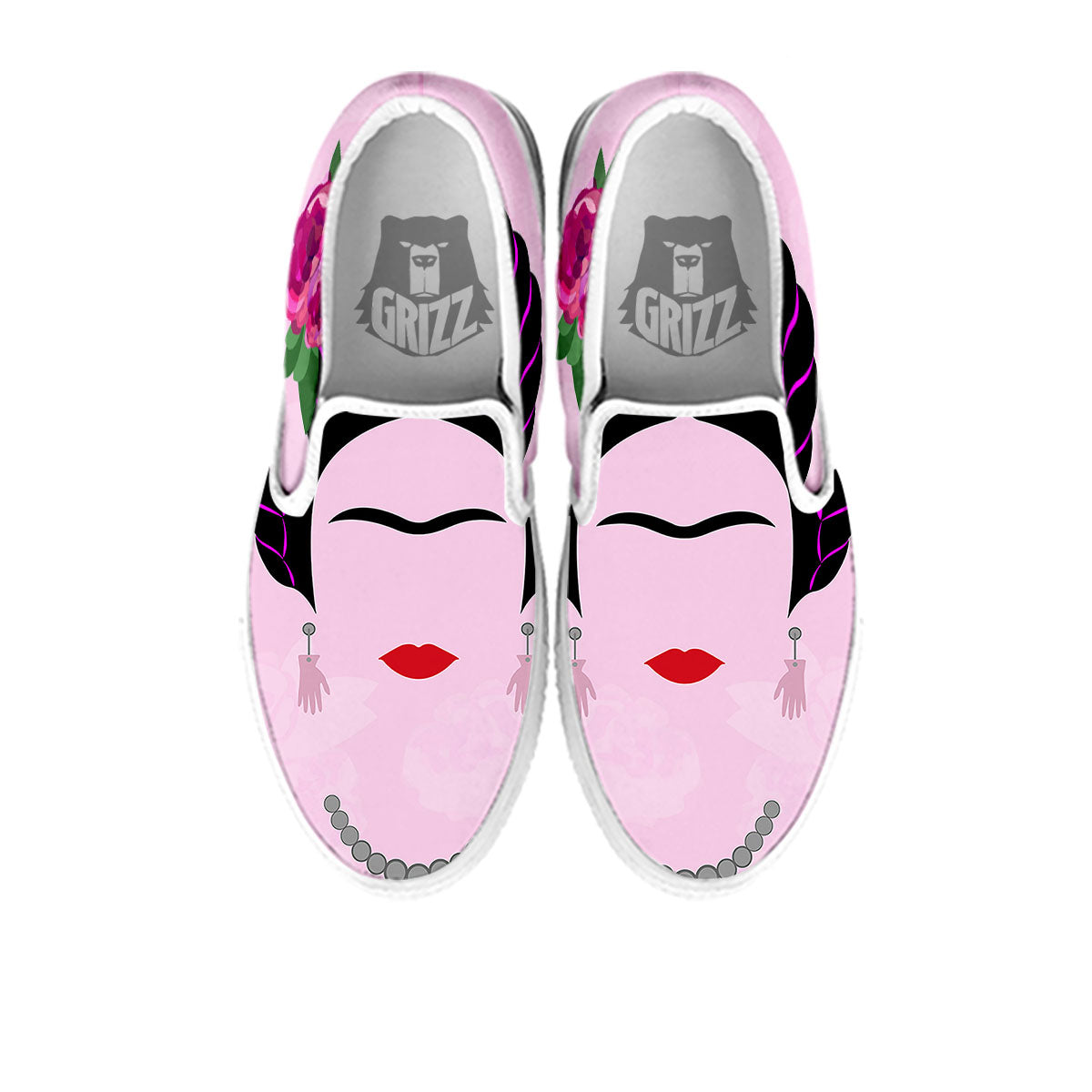 Pink Flower And Frida Kahlo Print White Slip On Shoes-grizzshop