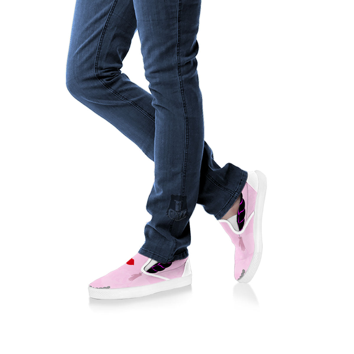 Pink Flower And Frida Kahlo Print White Slip On Shoes-grizzshop