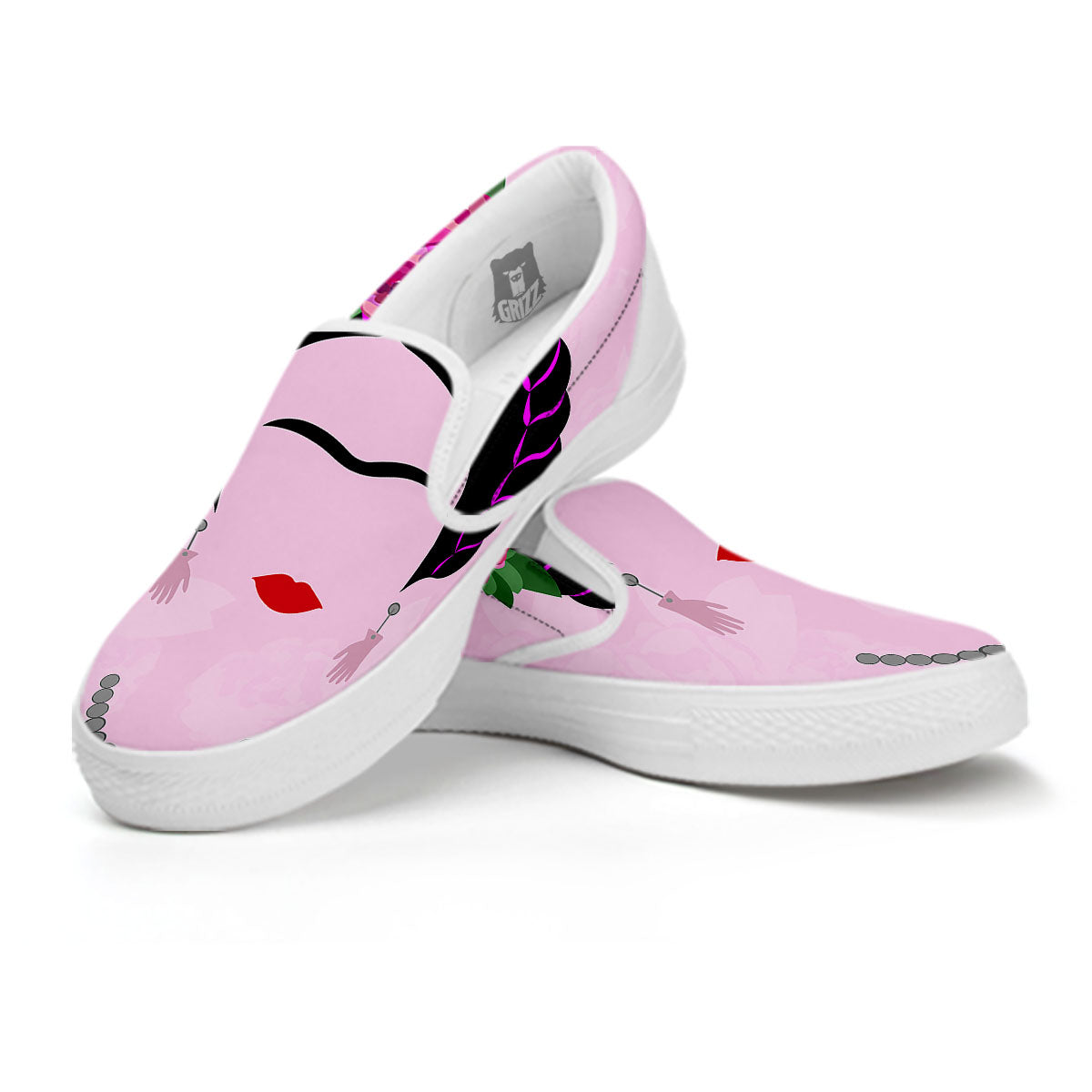 Pink Flower And Frida Kahlo Print White Slip On Shoes-grizzshop