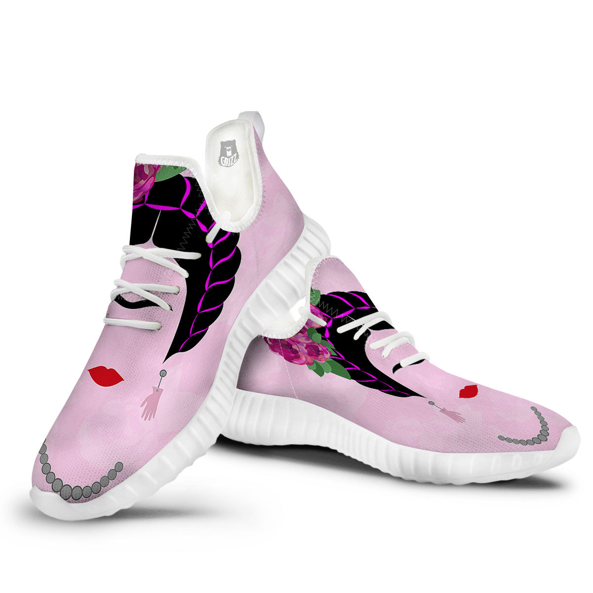 Pink Flower And Frida Kahlo Print White Walking Shoes-grizzshop