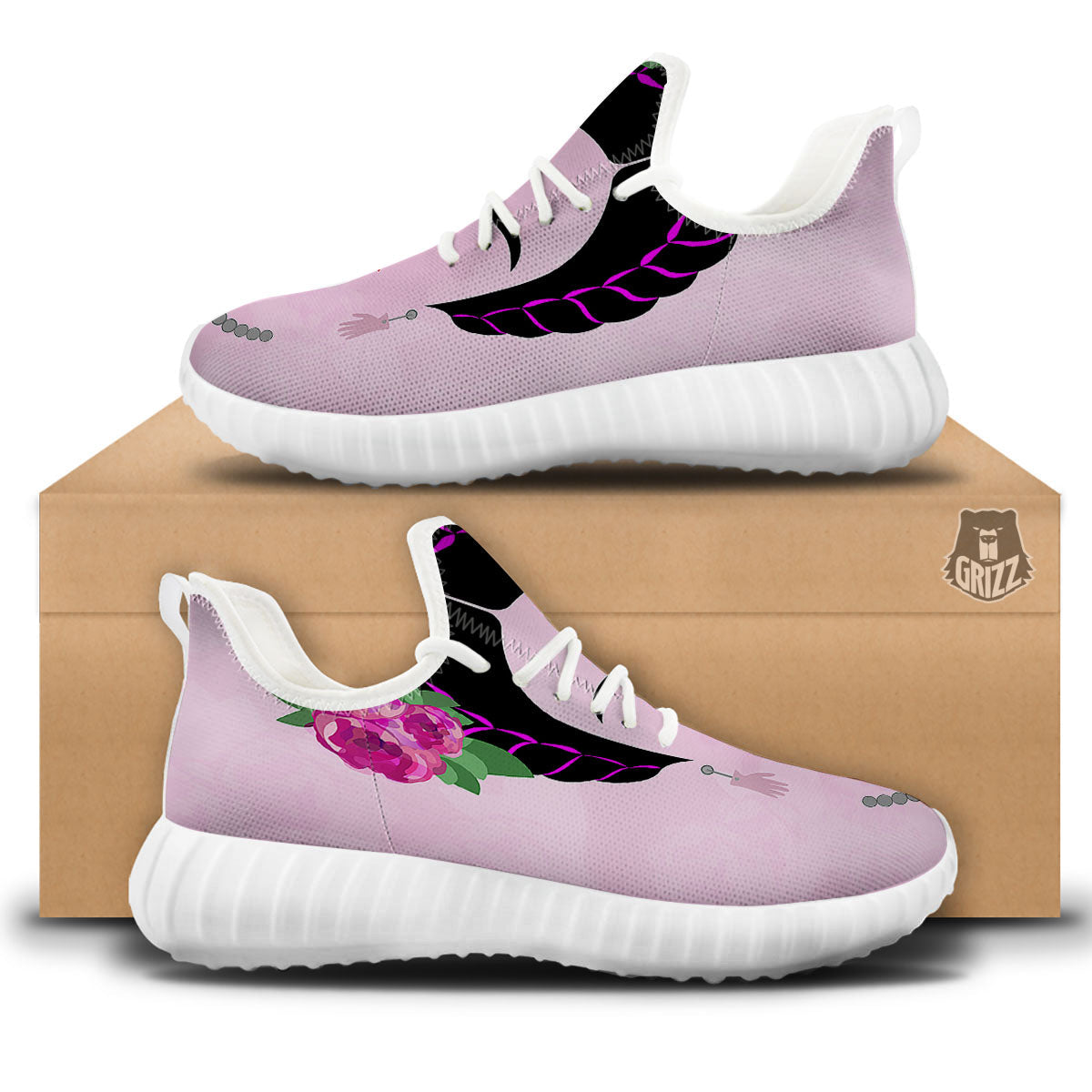 Pink Flower And Frida Kahlo Print White Walking Shoes-grizzshop