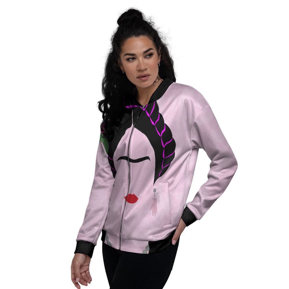 Pink Flower And Frida Kahlo Print Women's Bomber Jacket-grizzshop