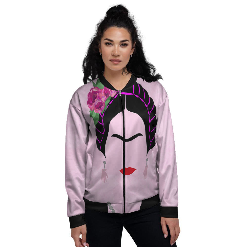 Pink Flower And Frida Kahlo Print Women's Bomber Jacket-grizzshop