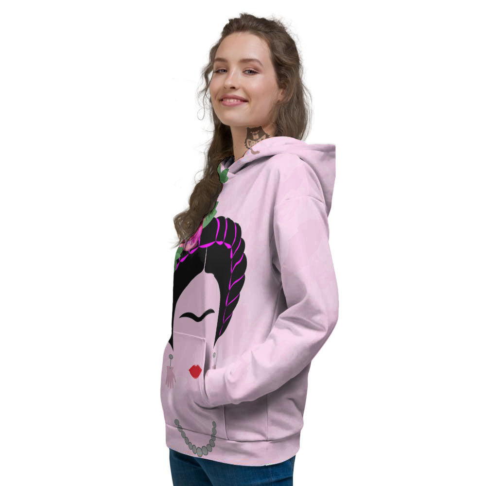 Pink Flower And Frida Kahlo Print Women's Hoodie-grizzshop