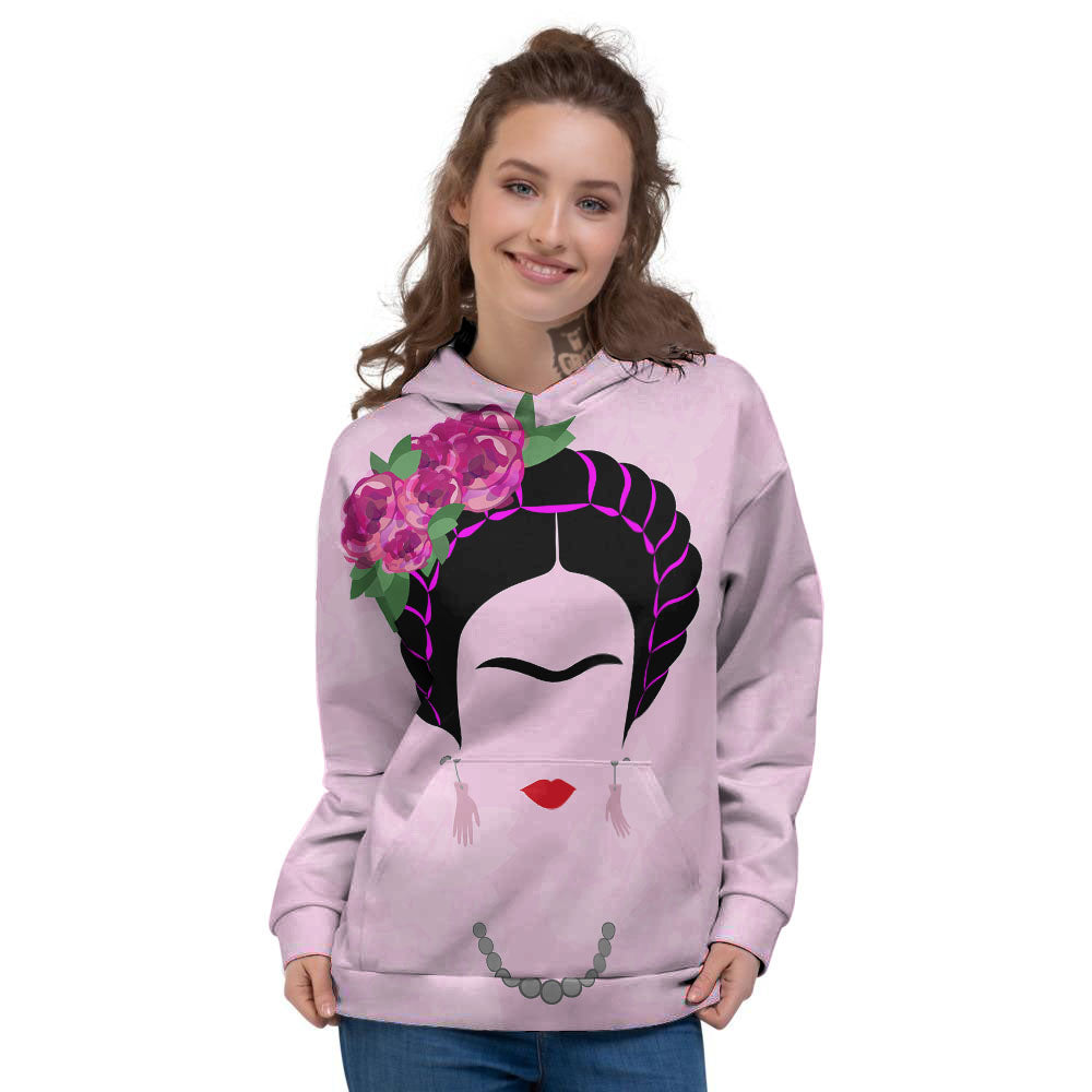 Pink Flower And Frida Kahlo Print Women's Hoodie-grizzshop