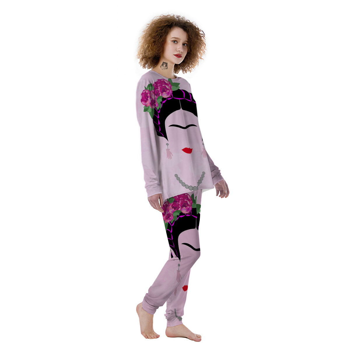 Pink Flower And Frida Kahlo Print Women's Pajamas-grizzshop