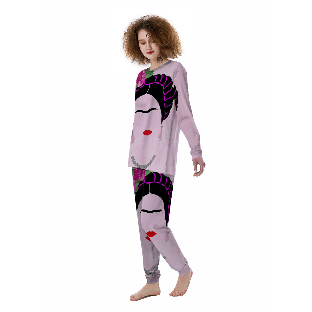 Pink Flower And Frida Kahlo Print Women's Pajamas-grizzshop