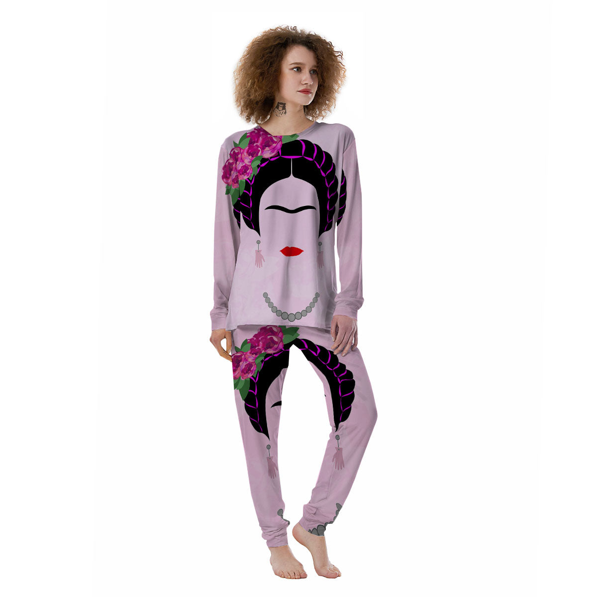 Pink Flower And Frida Kahlo Print Women's Pajamas-grizzshop