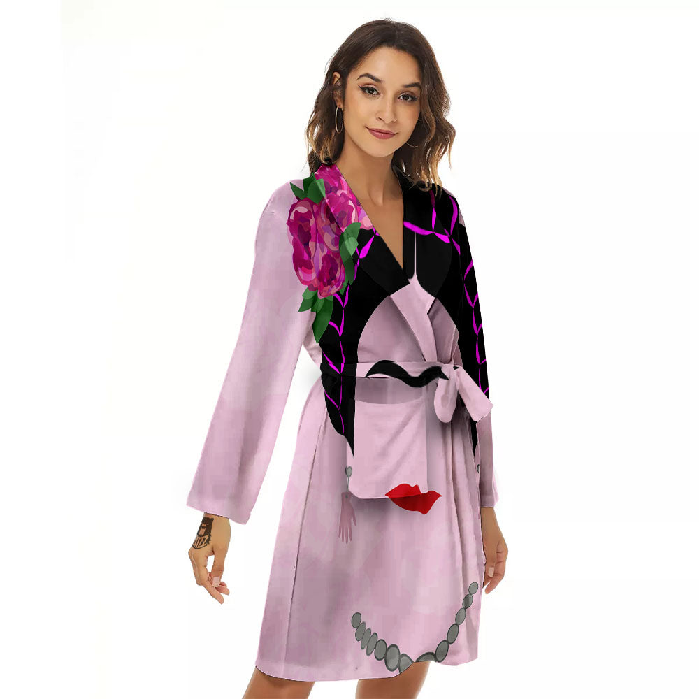 Pink Flower And Frida Kahlo Print Women's Robe-grizzshop