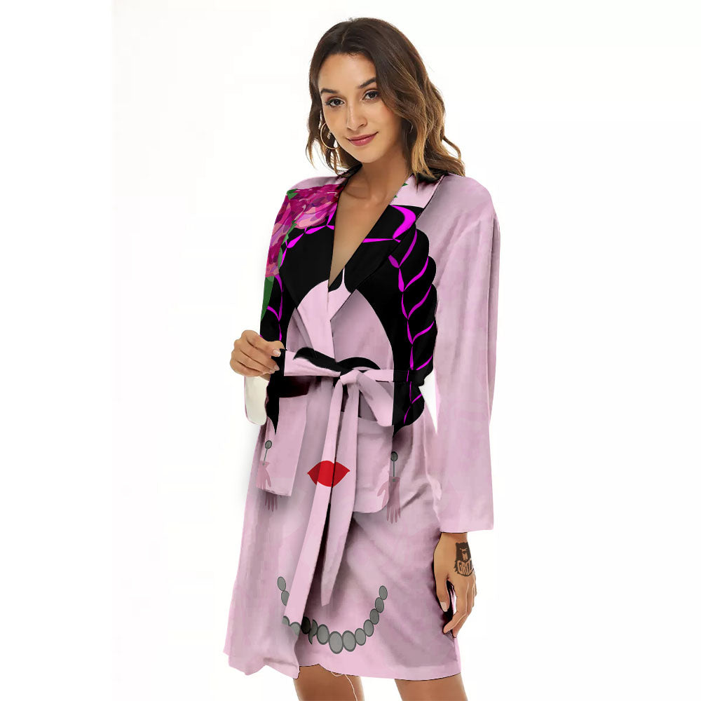 Pink Flower And Frida Kahlo Print Women's Robe-grizzshop