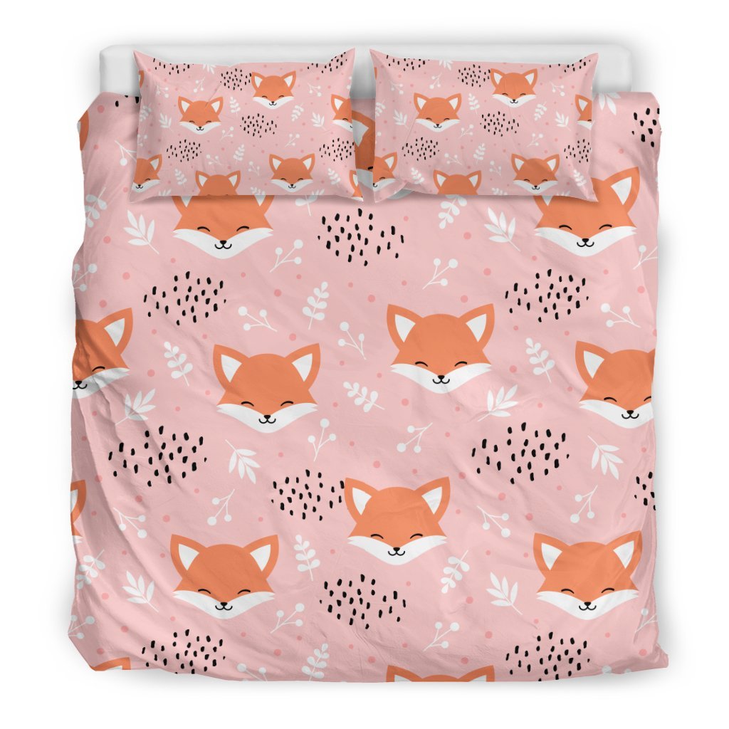 Pink Fox Pattern Print Duvet Cover Bedding Set-grizzshop