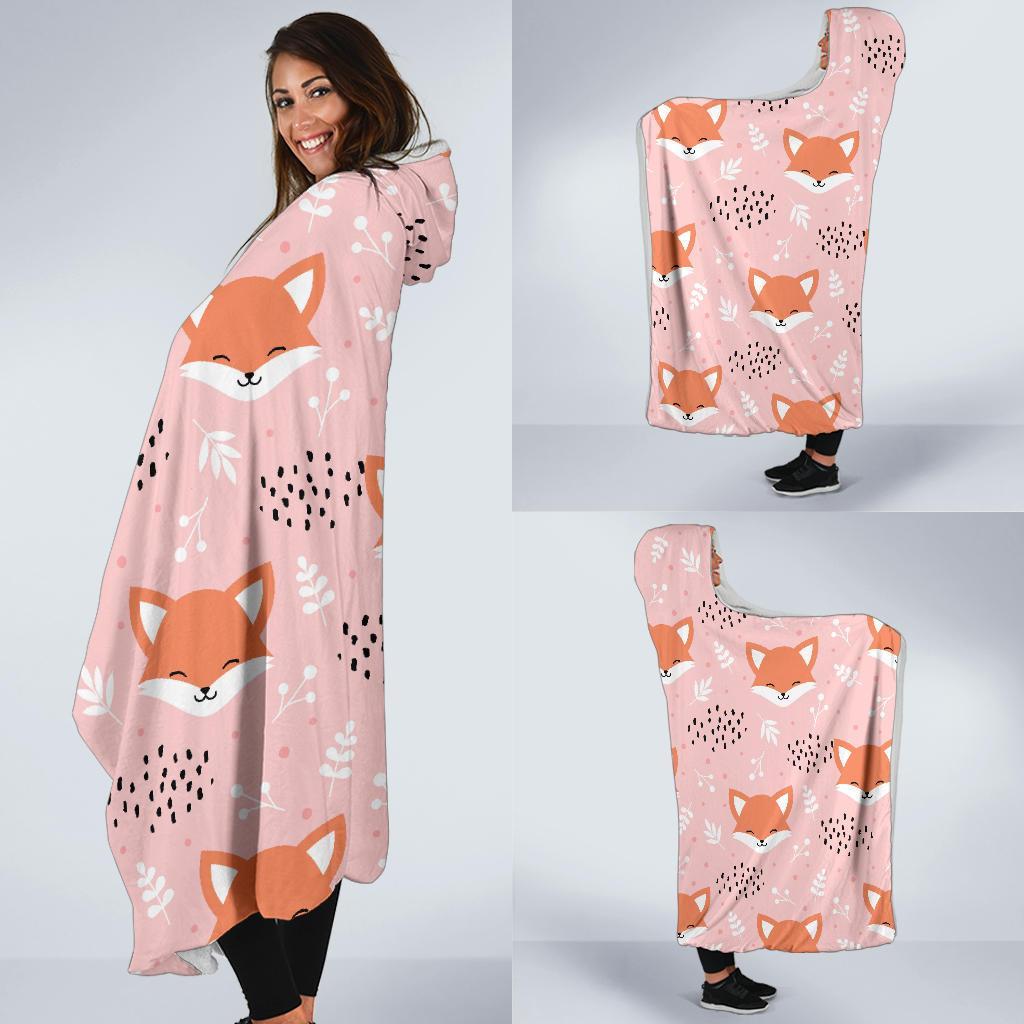 Pink Fox Pattern Print Hooded Blanket-grizzshop