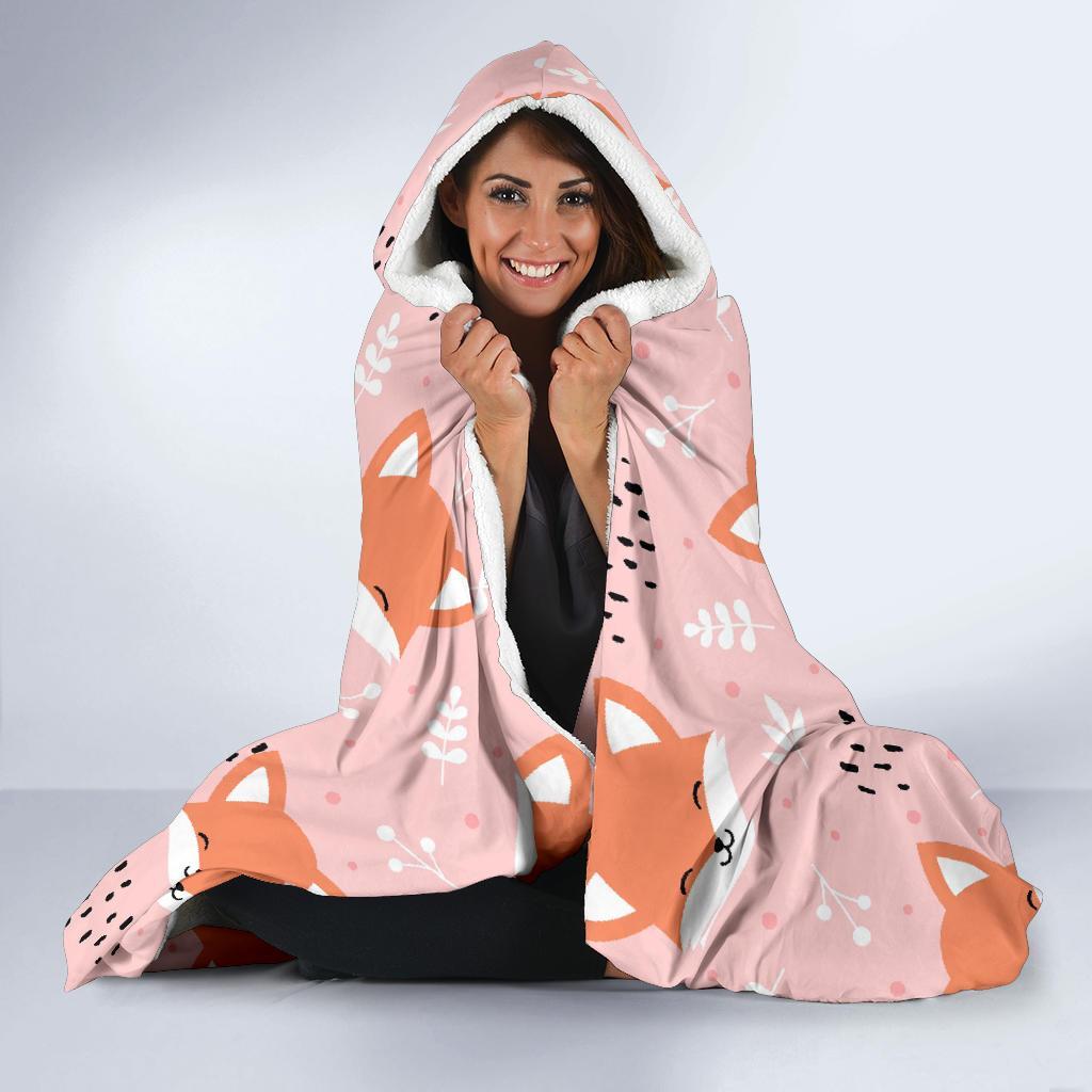 Pink Fox Pattern Print Hooded Blanket-grizzshop