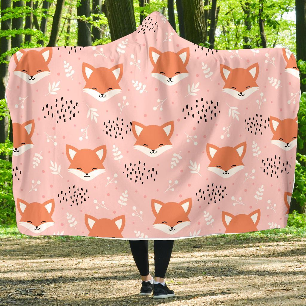 Pink Fox Pattern Print Hooded Blanket-grizzshop