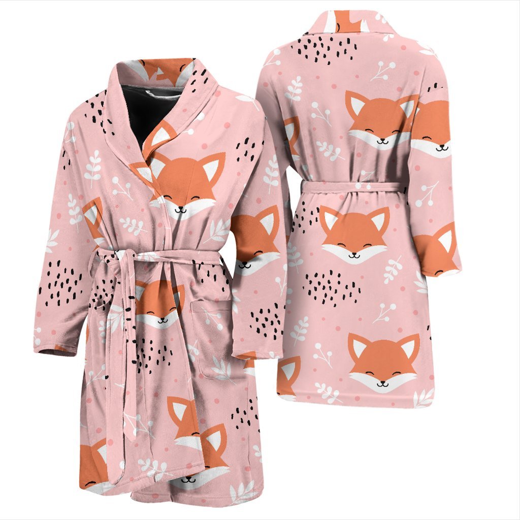 Pink Fox Pattern Print Men Long Robe-grizzshop