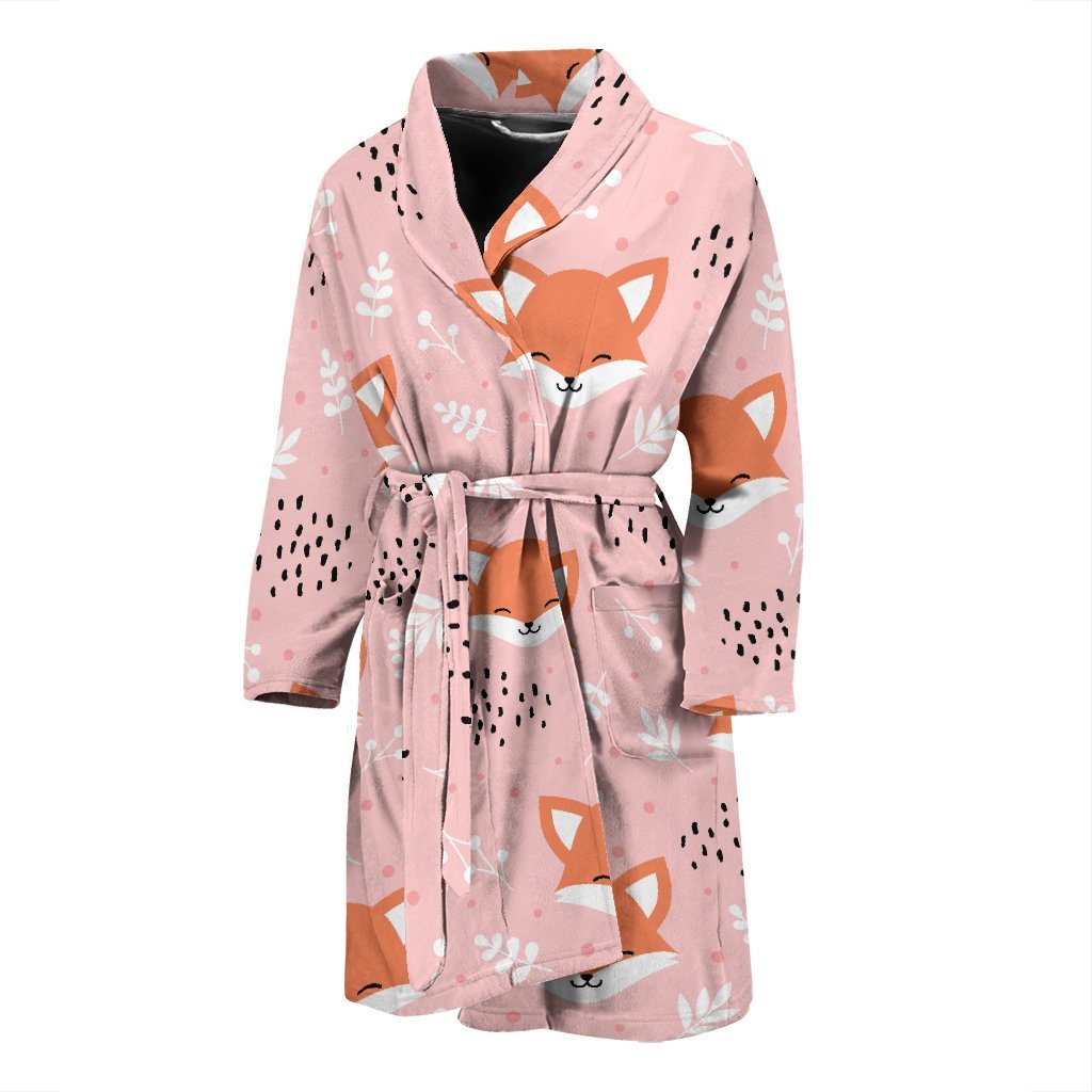 Pink Fox Pattern Print Men Long Robe-grizzshop