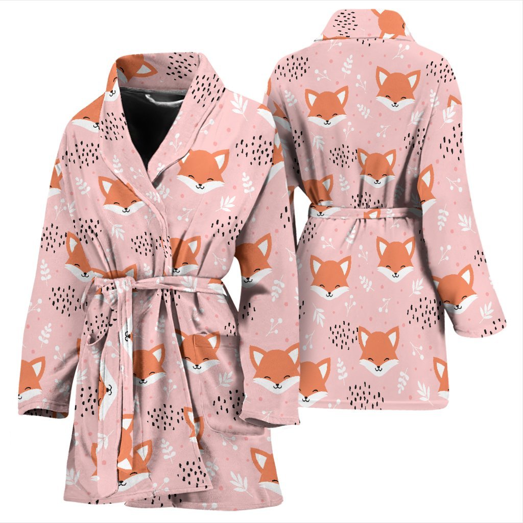 Pink Fox Pattern Print Women Long Robe-grizzshop