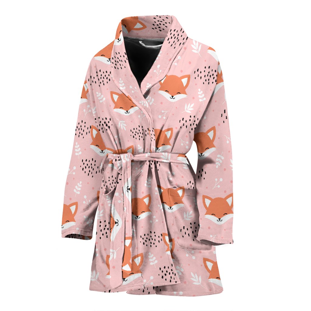 Pink Fox Pattern Print Women Long Robe-grizzshop