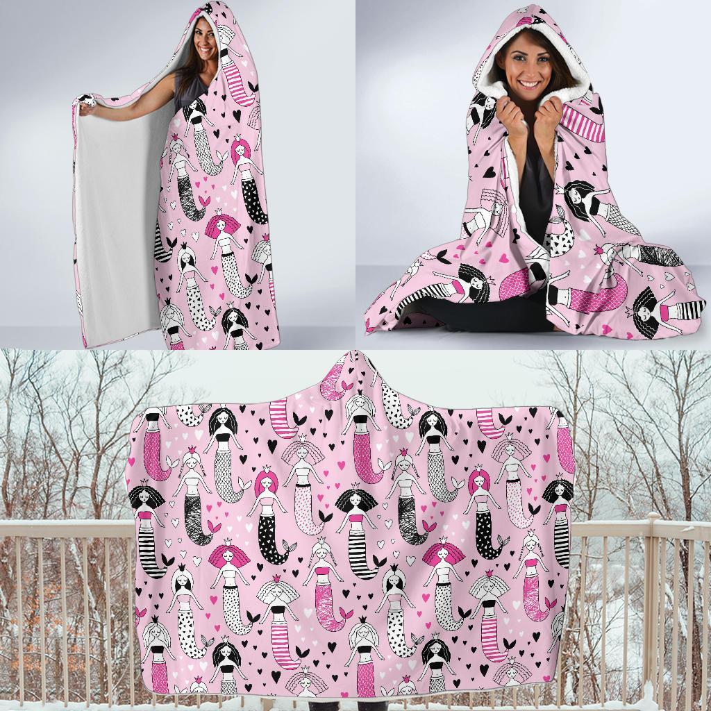 Pink Girly Mermaid Teal Scales Hooded Blanket-grizzshop