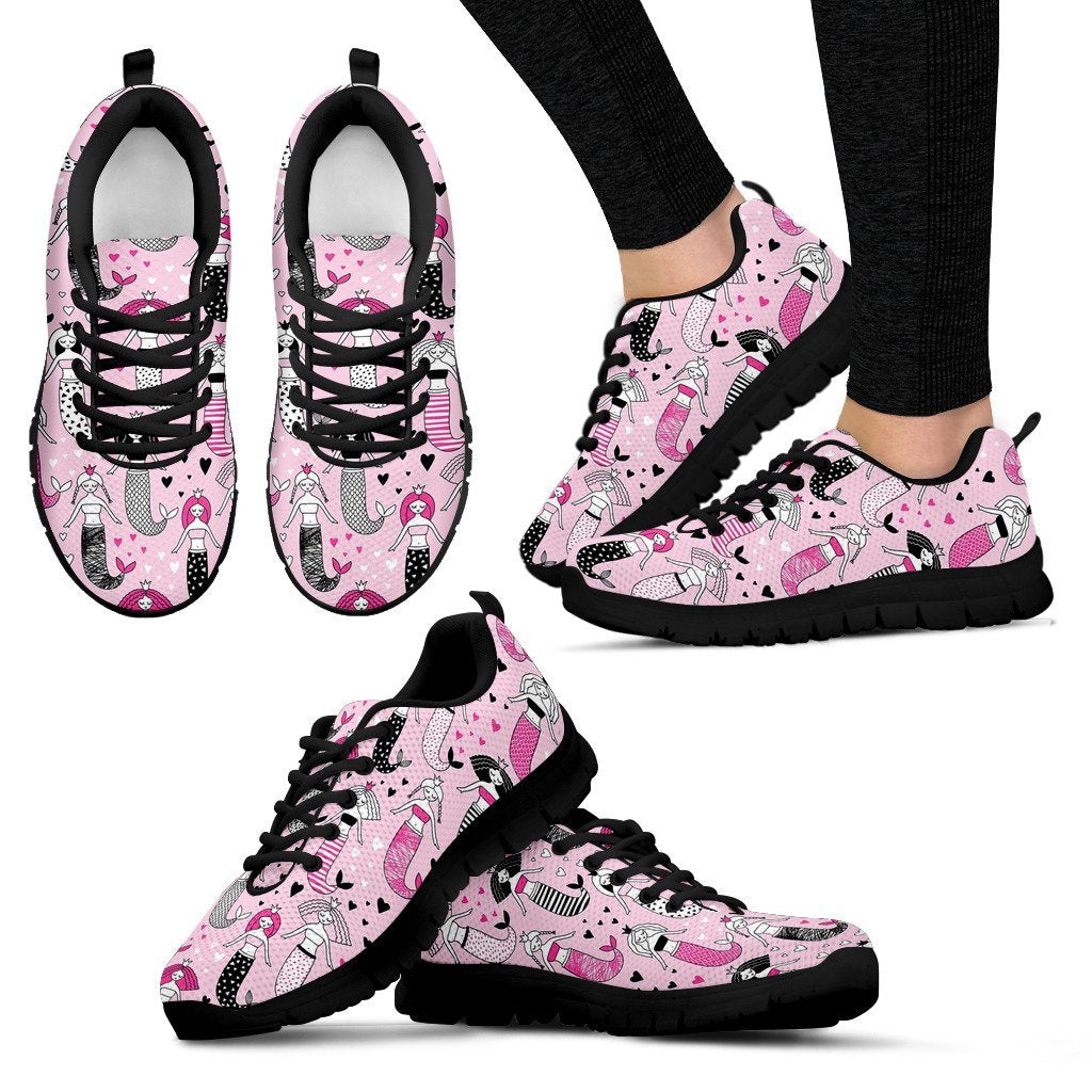 Pink Girly Mermaid Teal Scales Pattern Print Black Sneaker Shoes For Men Women-grizzshop