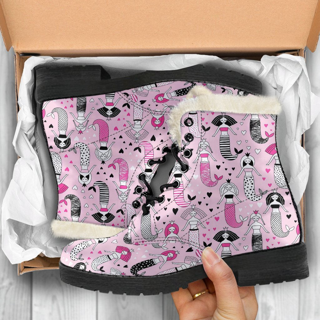 Pink Girly Mermaid Teal Scales Pattern Print Comfy Winter Boots-grizzshop