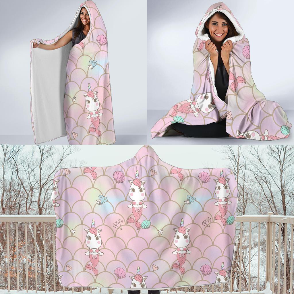 Pink Girly Mermaid Unicon Teal Scales Hooded Blanket-grizzshop