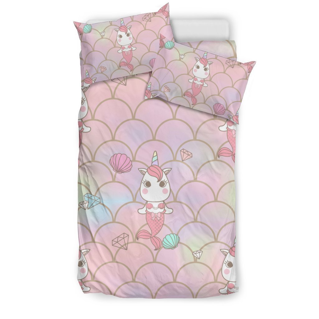 Pink Girly Mermaid Unicorn Teal Scales Pattern Print Duvet Cover Bedding Set-grizzshop