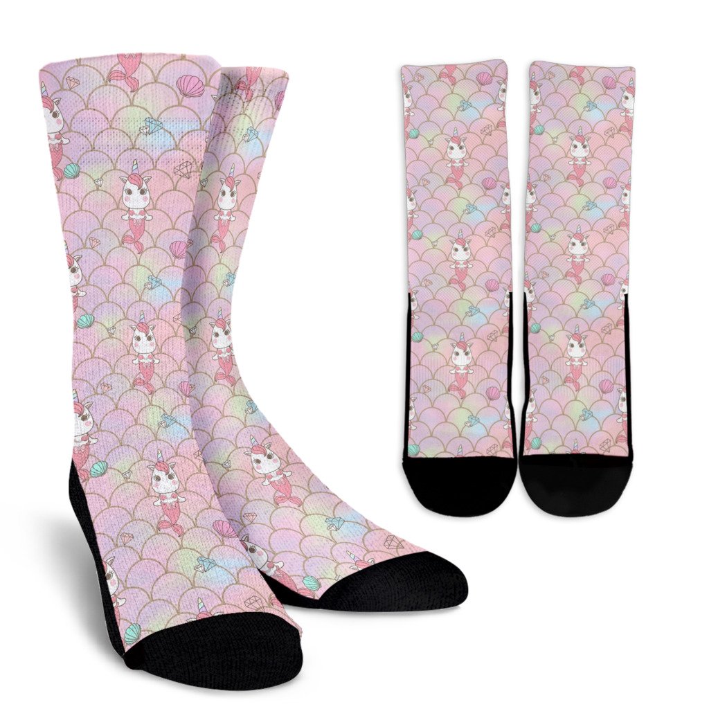 Pink Girly Mermaid Unicorn Teal Scales Pattern Print Unisex Crew Socks-grizzshop