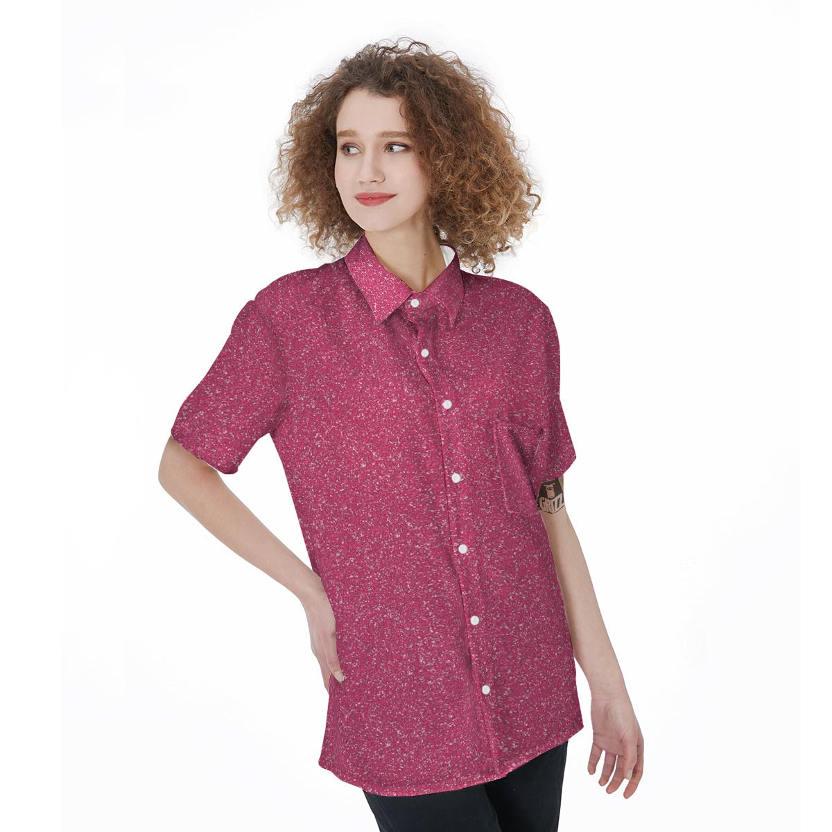 Pink Glitter Texture Print Women's Short Sleeve Shirts-grizzshop
